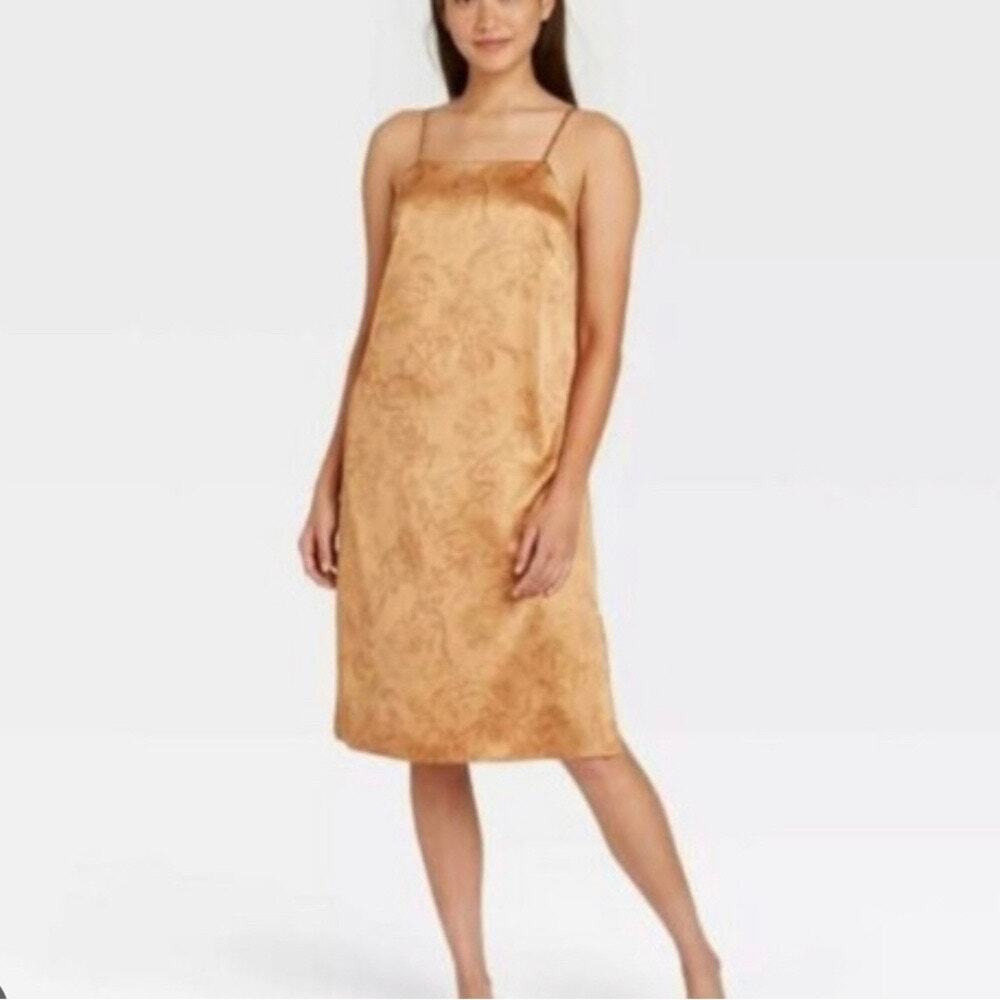 The Stars Above Gold Floral Print Satin Slip Dress Nightgown Size Small